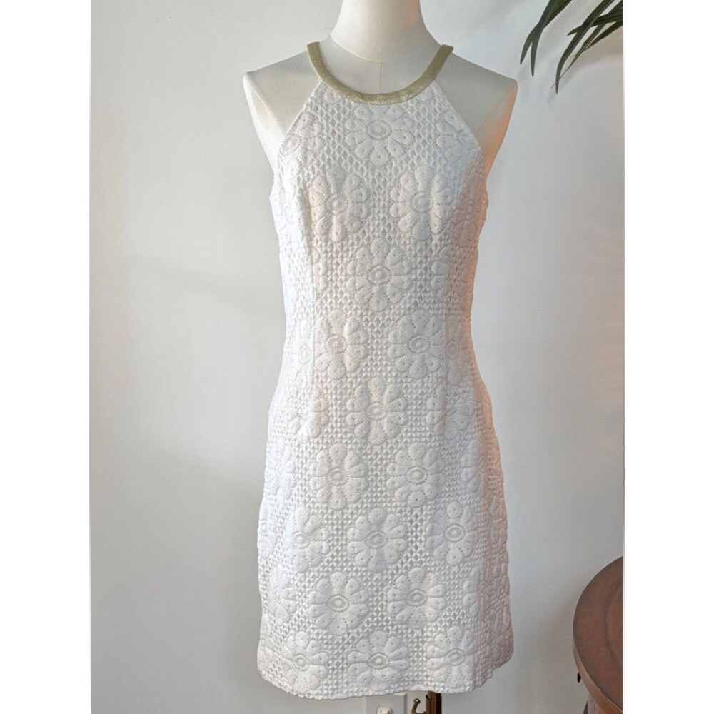 Lilly Pulitzer Elegant White Floral Cocktail Dress Gold Neckline 2